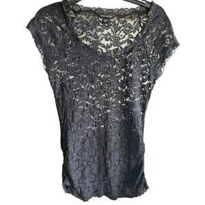 MODA INTERNATIONAL Black sheer floral whimsy goth lace scoop neck blouse sz M
